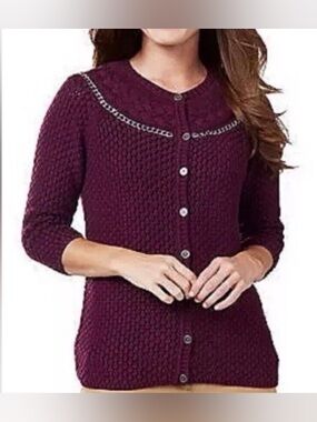 Liz Claiborne Textured Knit Cardigan Sweater Purple Chain Neck Detail